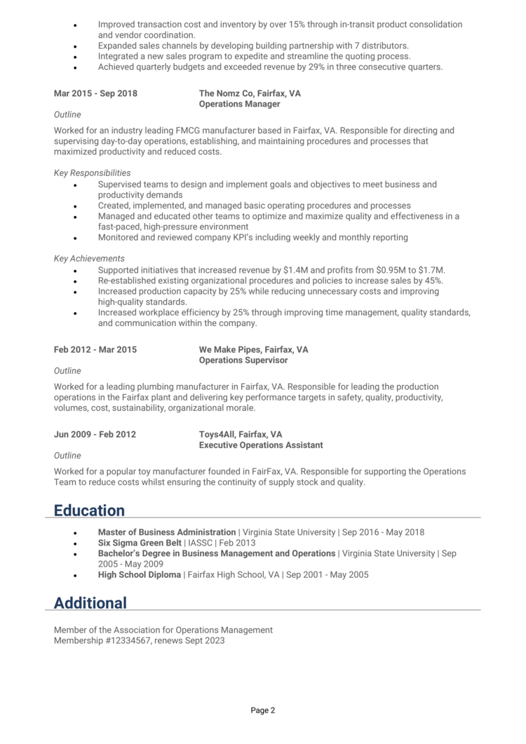 Director of Operations resume example and resume template