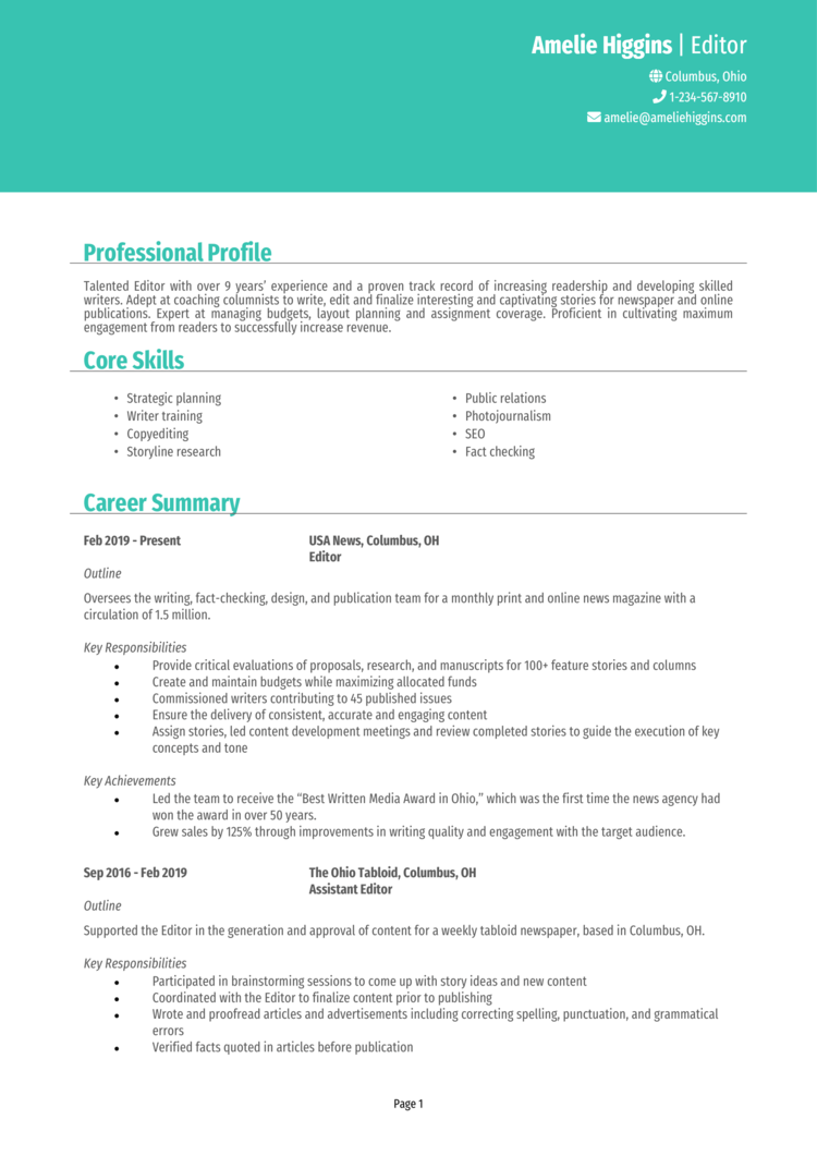 Editor resume example + guide and resume template