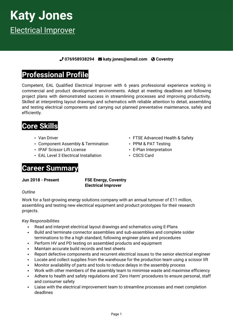 Electrical Improver CV example + guide [Get noticed]