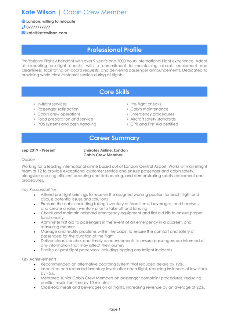 resume sample for cabin crew