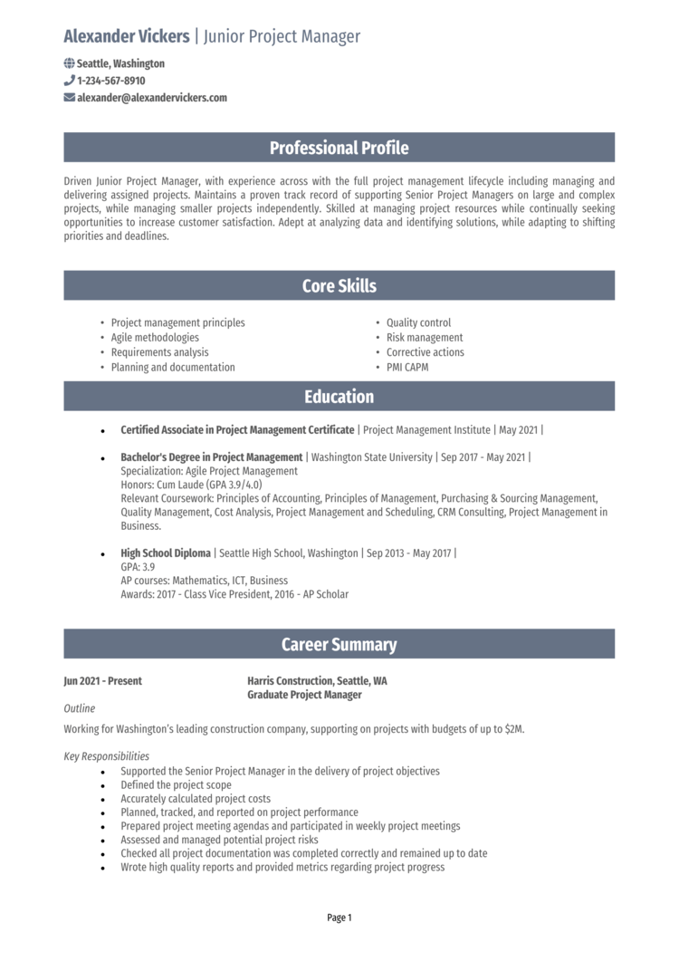 Entry Level Project Manager resume example + template