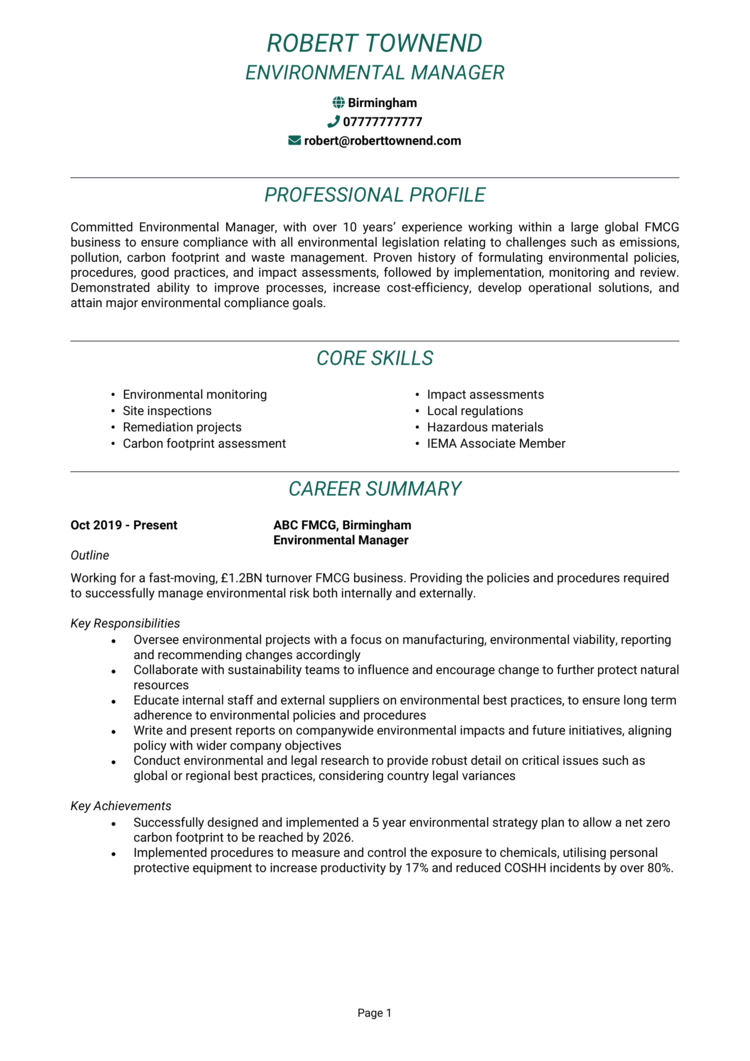 environmental manager resume sample