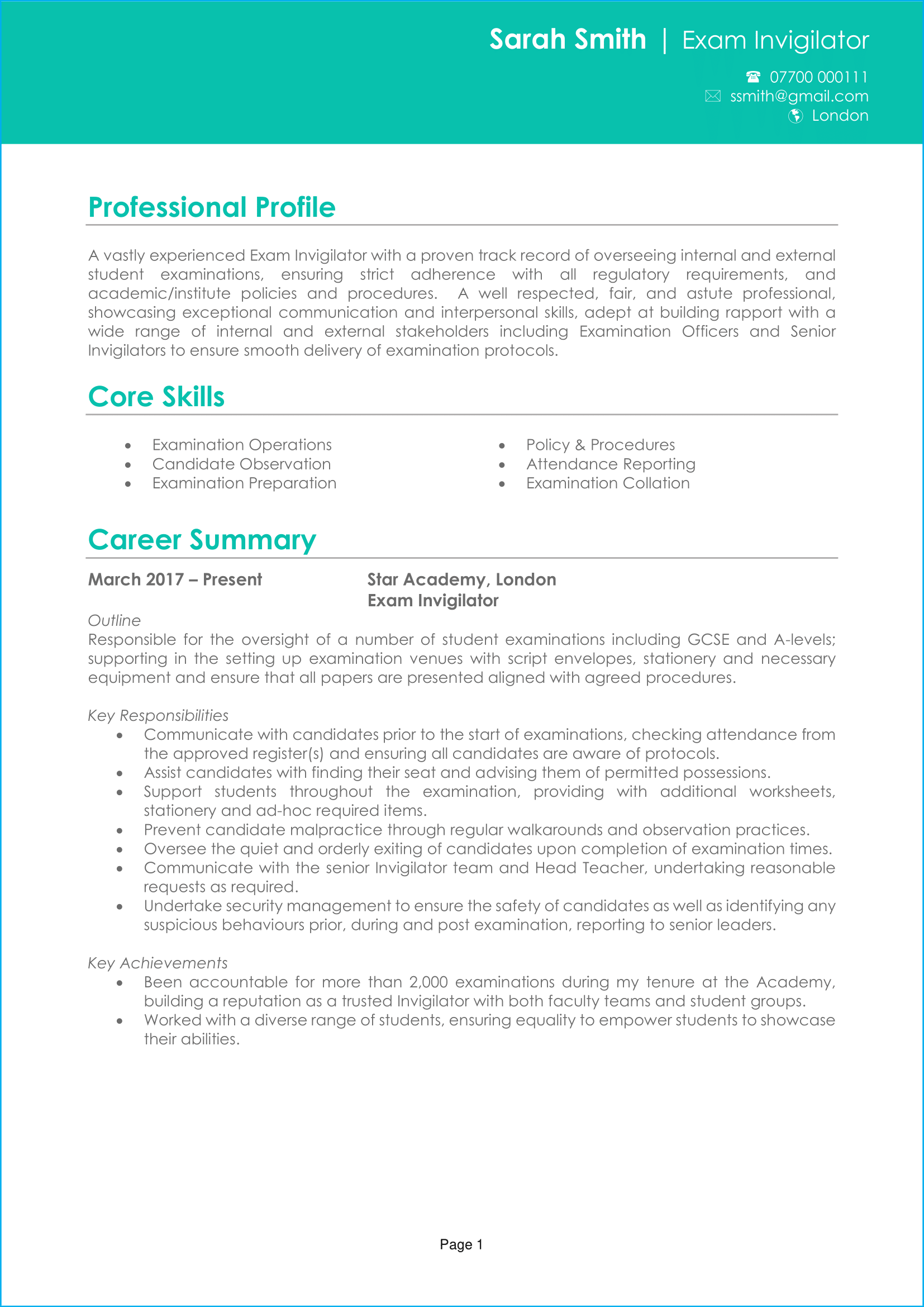 Exam Invigilator CV 1