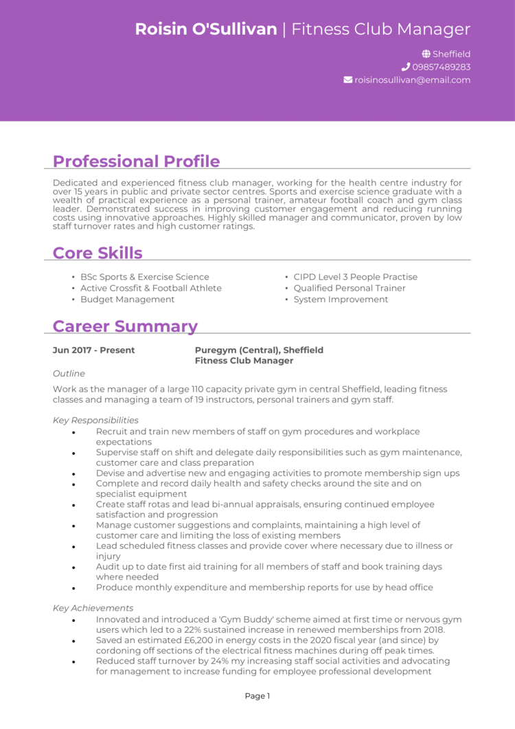 Fitness Club Manager CV example & guide [Get job interviews]