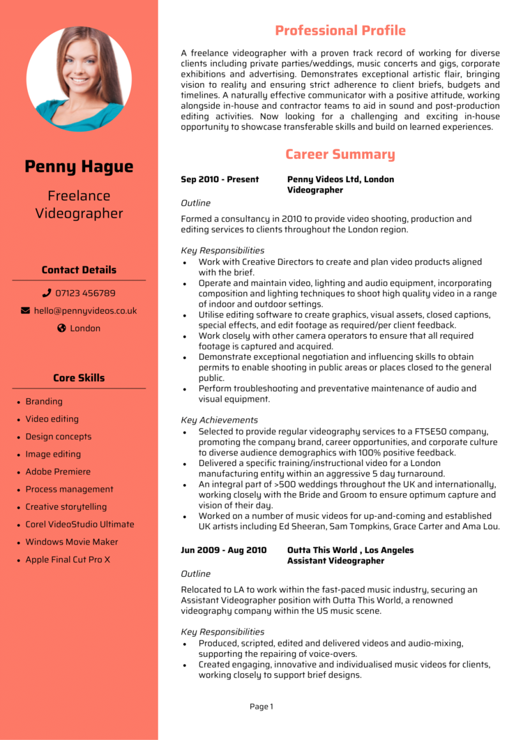 Freelance Videographer CV example + guide [Land a top job]