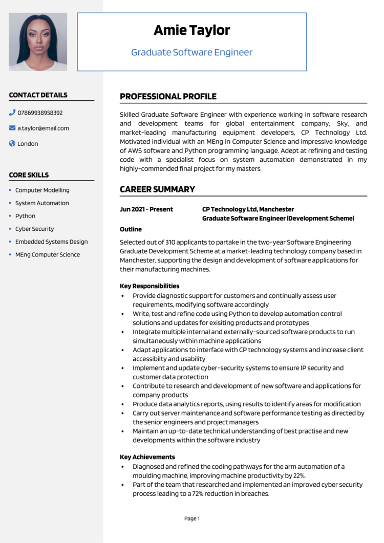 Graduate Early Career CV example + guide and template