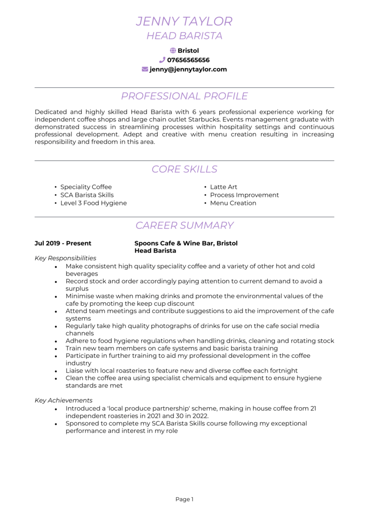 resume objective statement examples barista