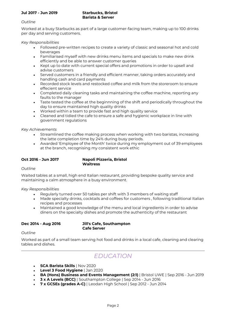 cv personal statement barista