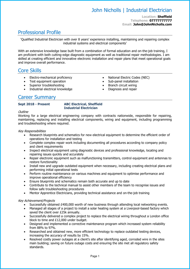 Industrial Electrician CV 1