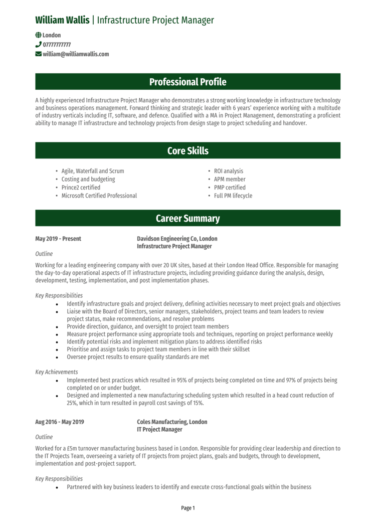 Infrastructure Project Manager CV 1 - page 1