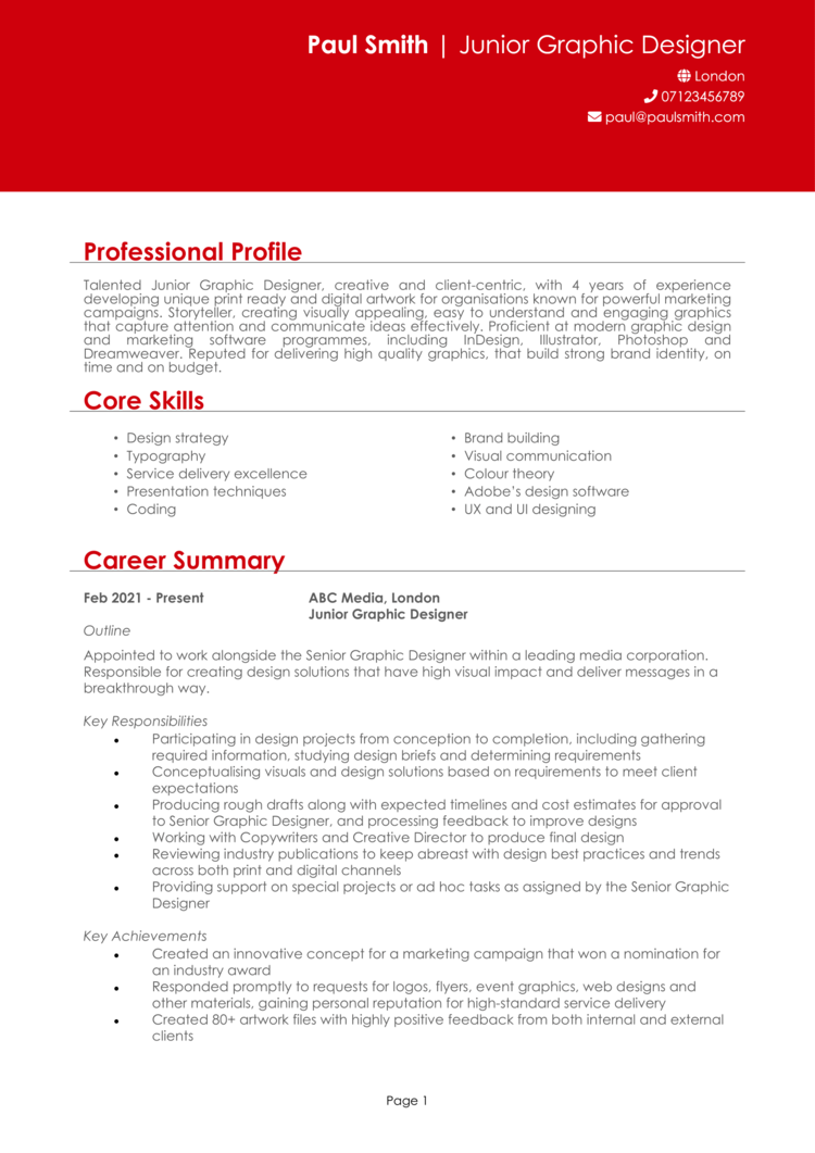 Junior Graphic Designer CV example + guide and CV template