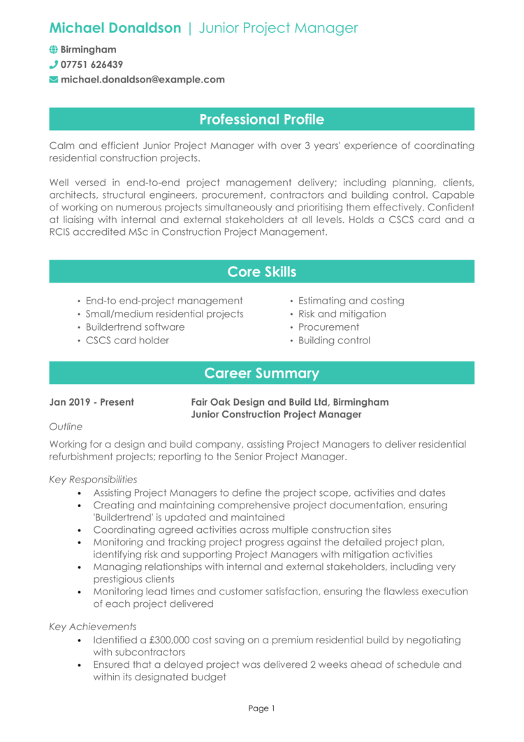 Junior Project Manager CV 1