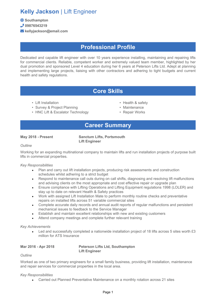 Lift Engineer CV 1