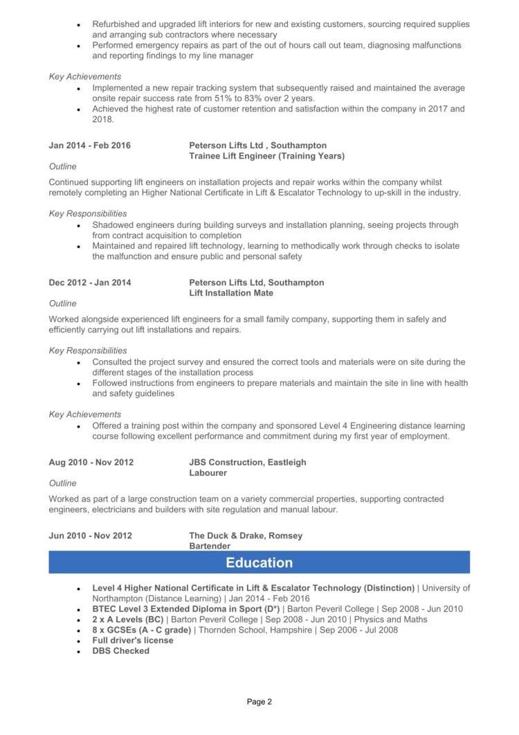 Lift Engineer CV 2