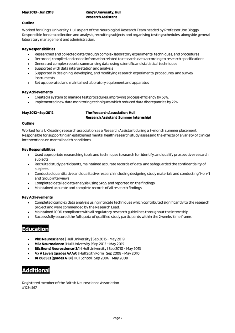Neuroscience CV Example Guide And CV Template