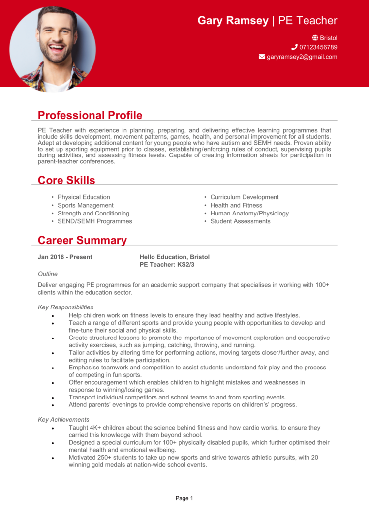 PE Teacher CV Example Guide Win Job Interviews   PE Teacher CV 1 