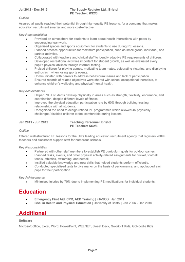 PE Teacher CV 2