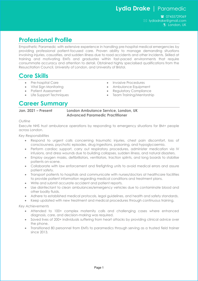 Paramedic Resume Examples   Paramedic CV 1 