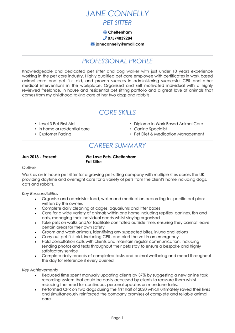 Pet Sitter CV 1