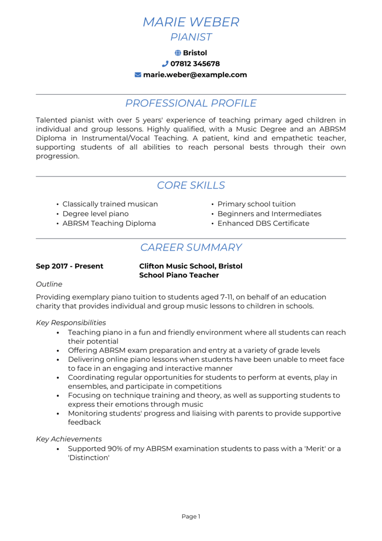 Piano Teacher CV 1