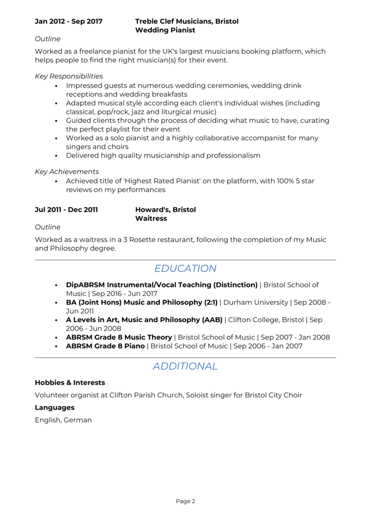 Piano Teacher CV example   guide and template