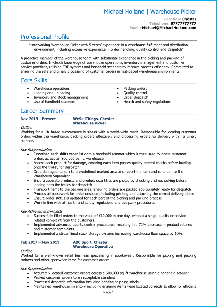 Picker Packer CV Example Guide Land Great Jobs   Picker Packer CV 1 