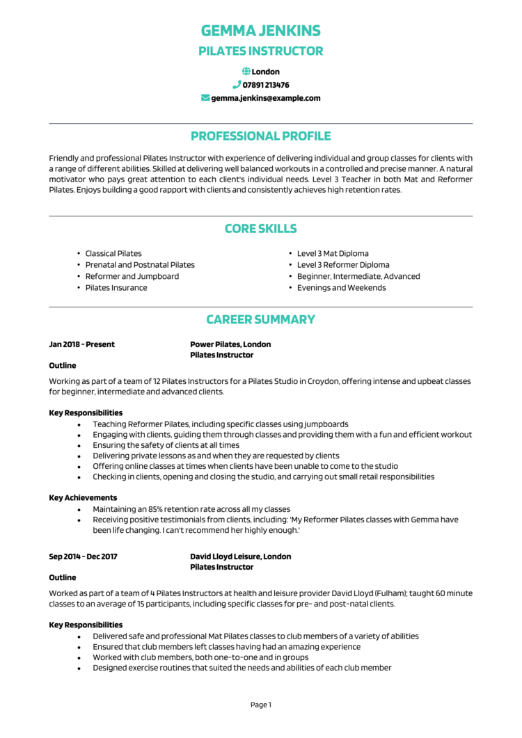 Pilates Instructor CV example + guide [Get hired quick]