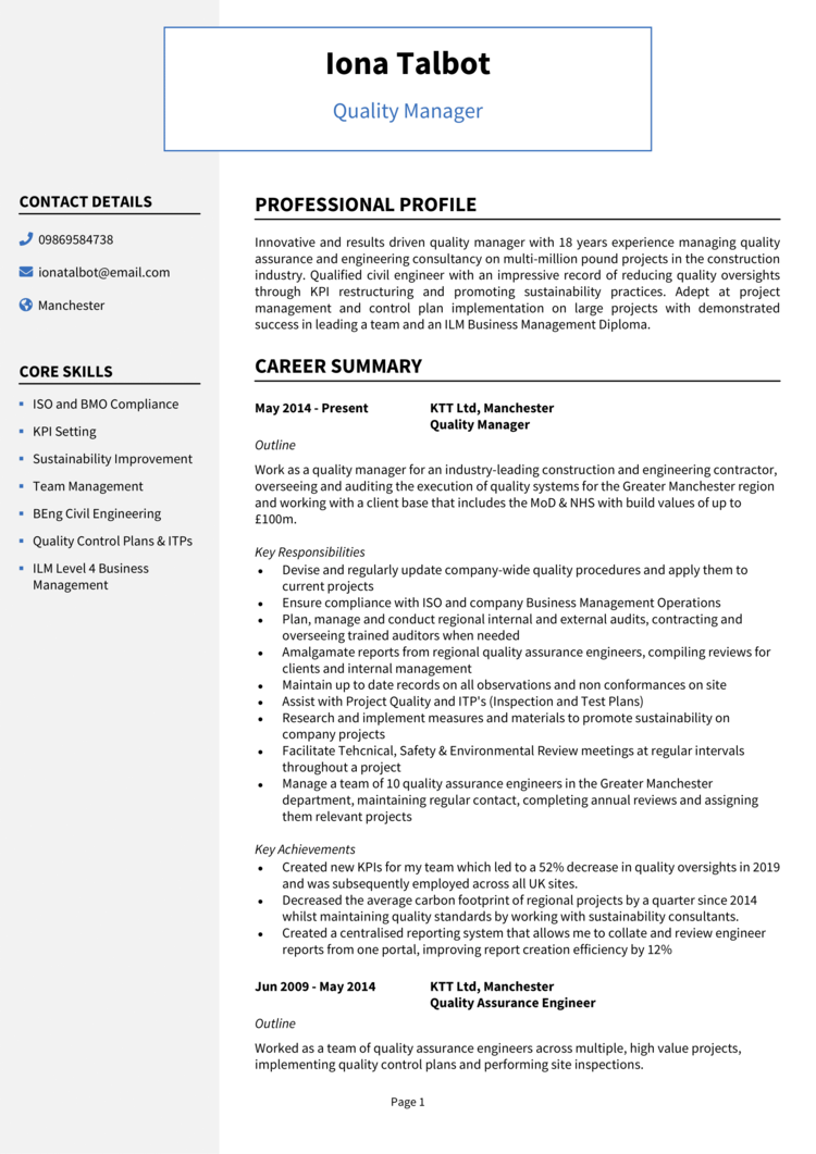 Quality Manager CV example + guide [Get hired quick]