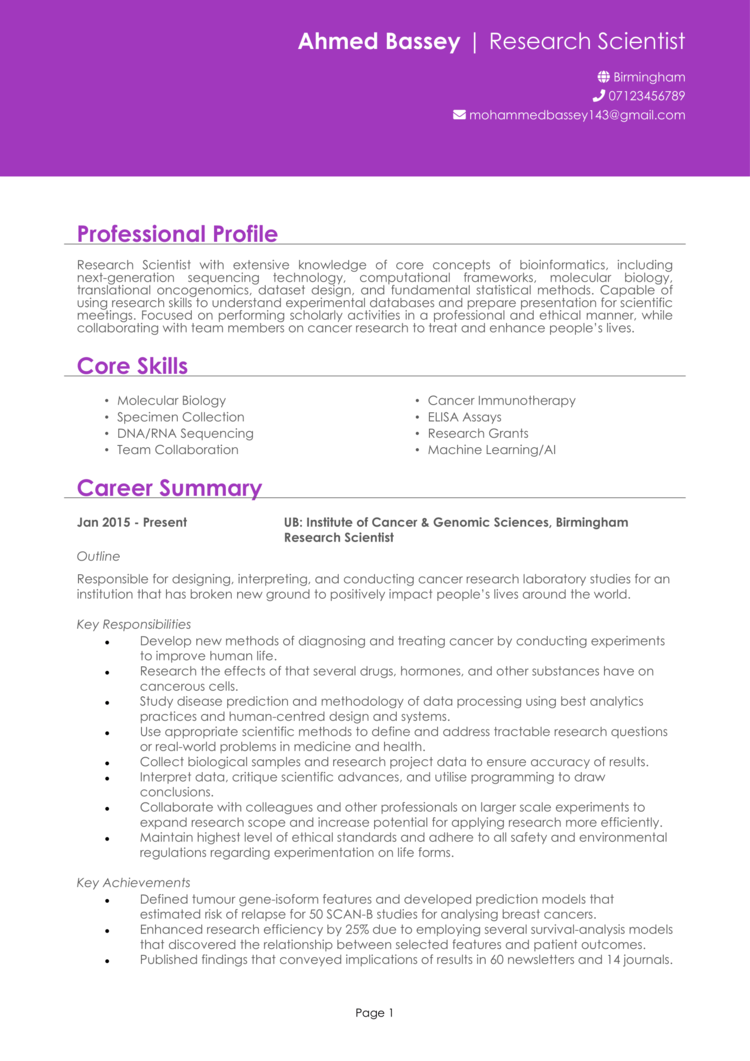 Research Scientist CV example + guide and CV template