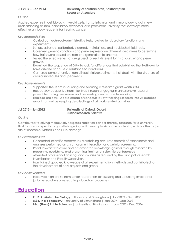 research cv summary