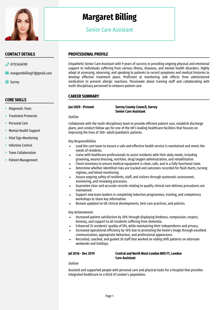 Care Assistant CV Examples For 2023 42 OFF   Senior Care Assistant CV 1 