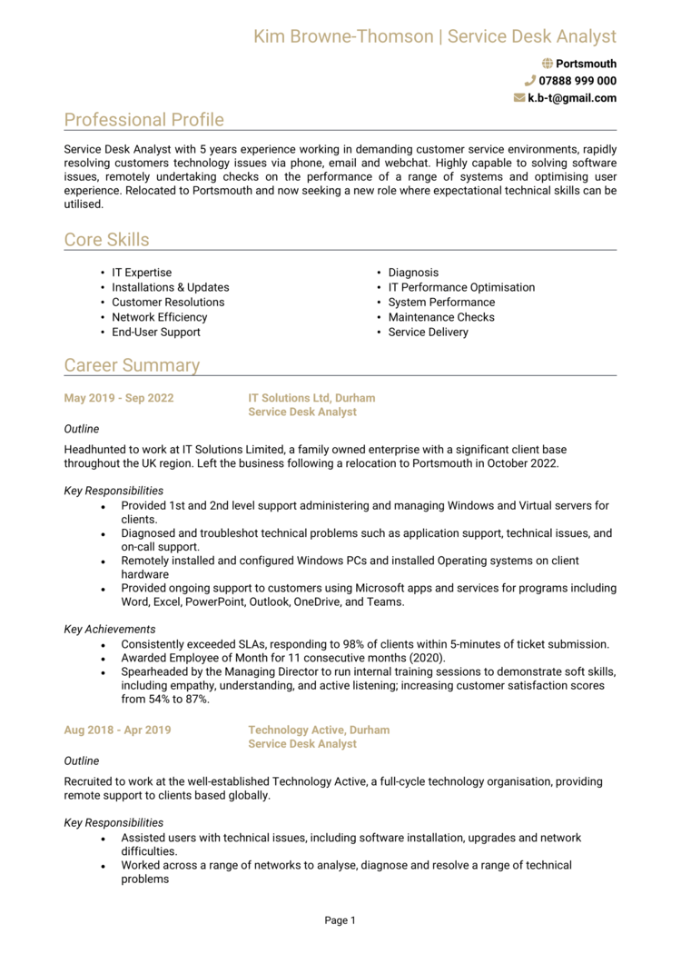 service desk resume example