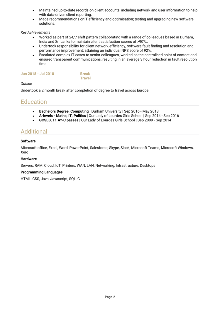 resume format for service desk analyst