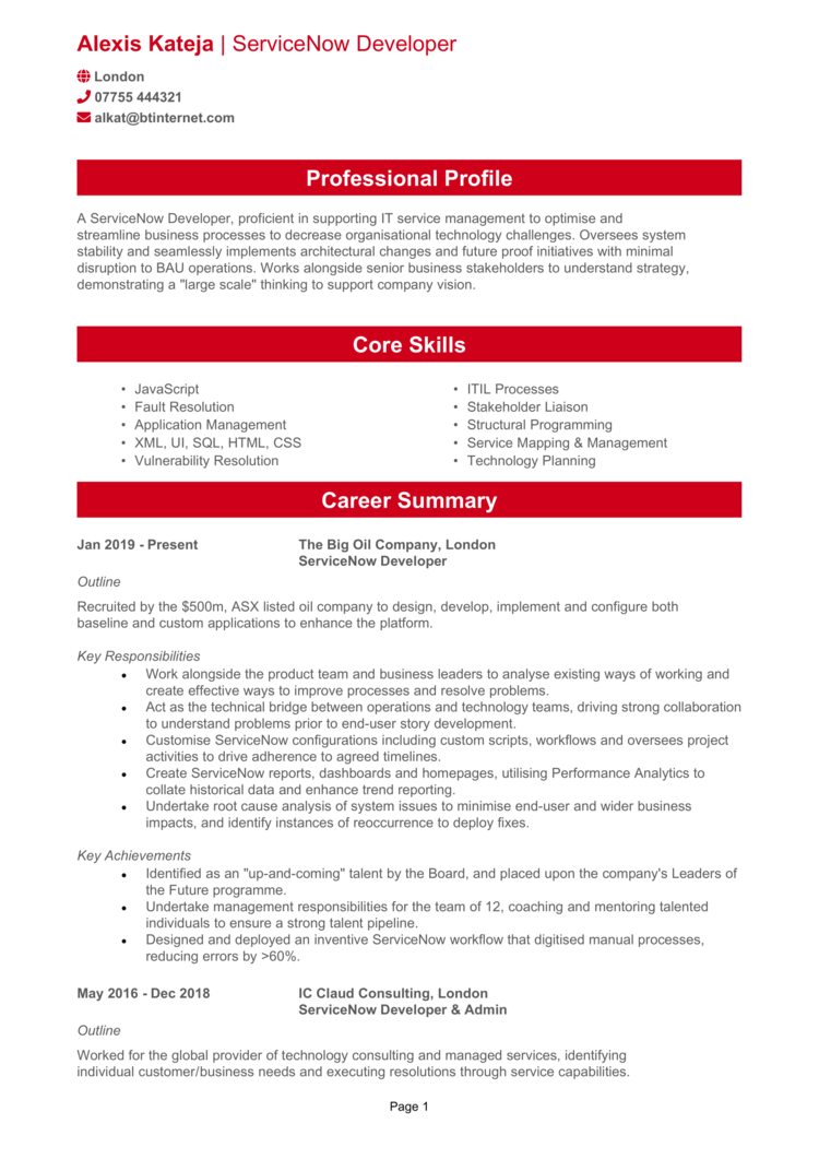 servicenow grc developer resume