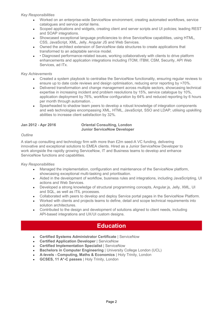 sample resume for servicenow developer