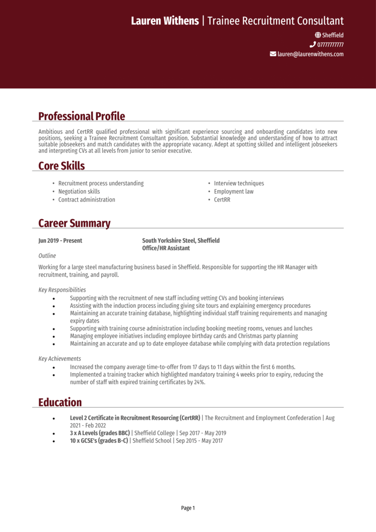 Trainee Recruitment Consultant CV 1