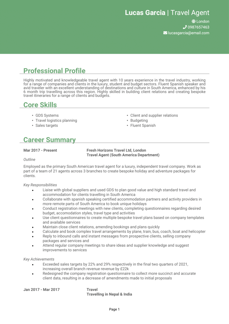 cv for travel assistant