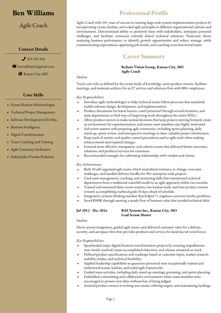 Agile Coach Resume Example Guide Get The Best Jobs   Agile Coach Resume 1 