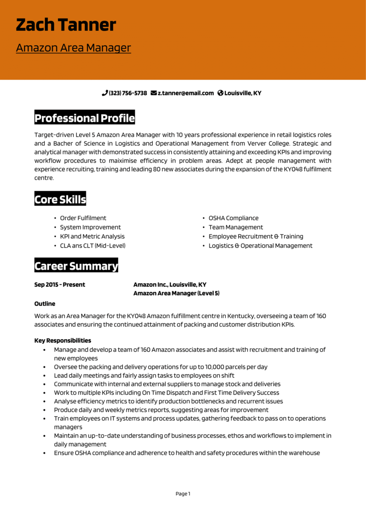 Amazon Area Manager Resume 1