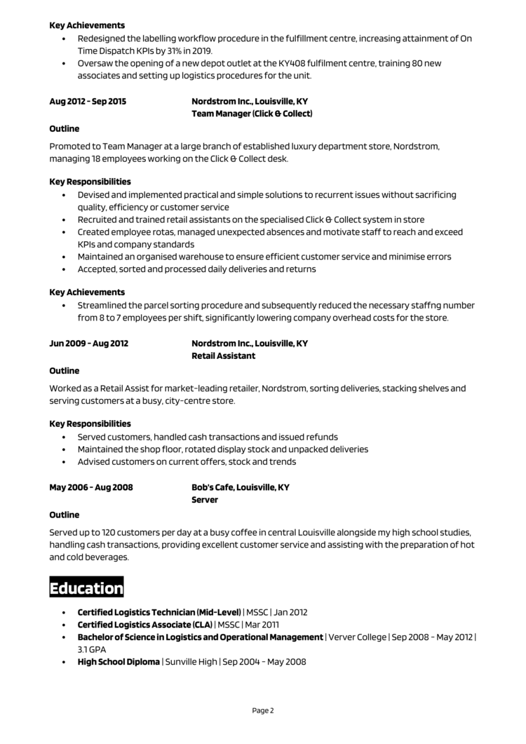 Amazon Area Manager Resume 2