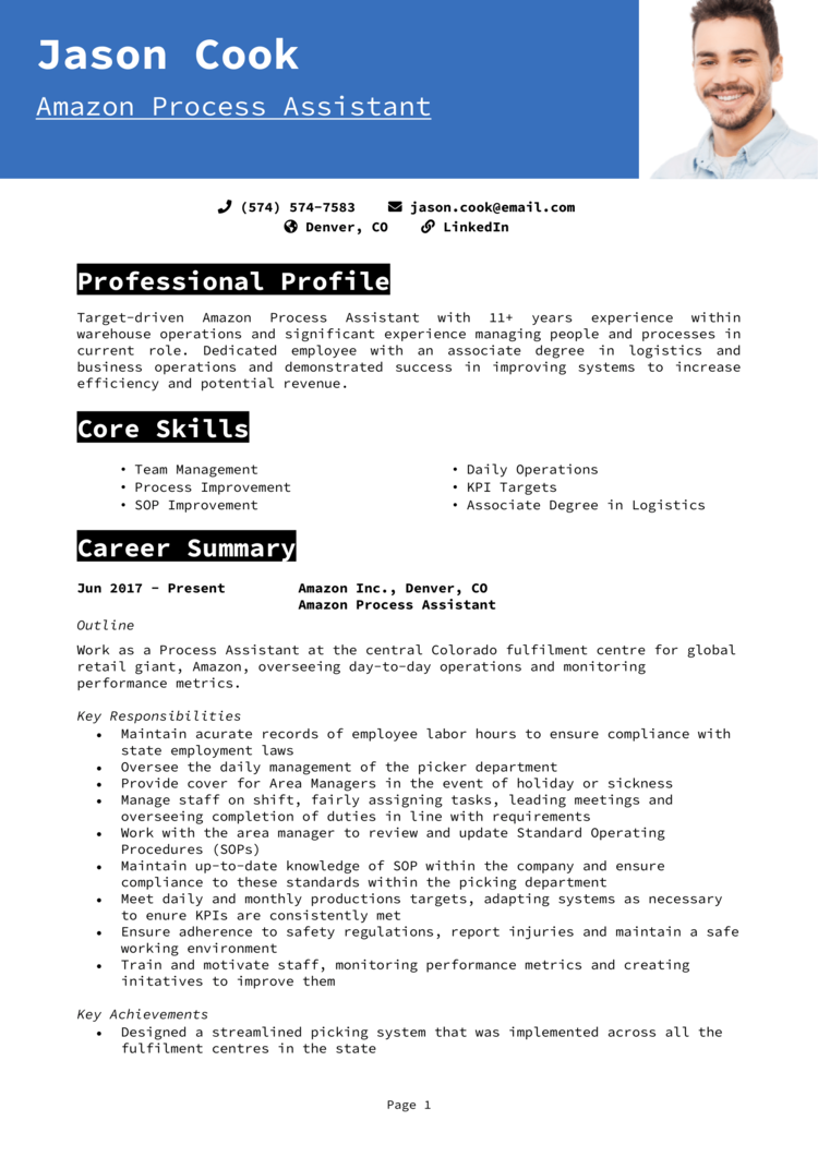 Amazon Process Assistant resume example + guide [Land jobs]