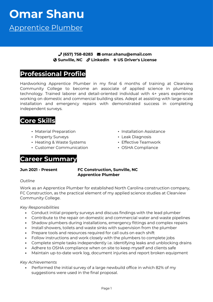 Apprentice Plumber Resume 1 