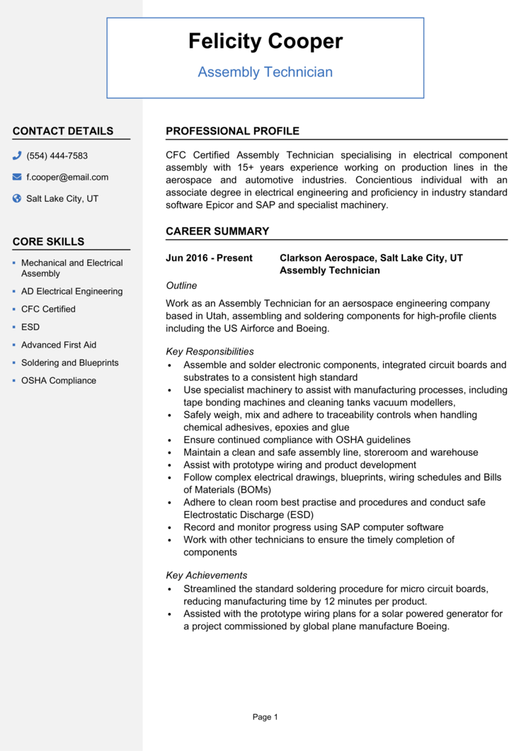 Assembly Technician Resume Example Guide Land Jobs 