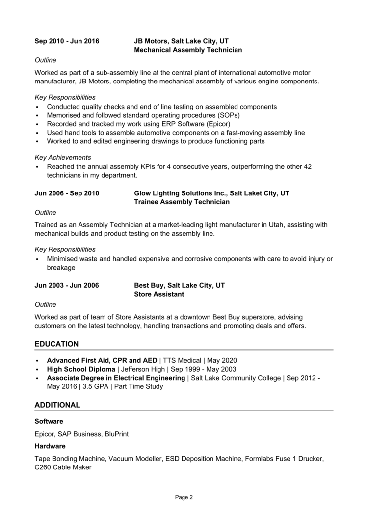 Assembly Technician Resume 2