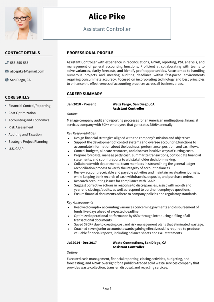 Assistant Controller Resume Example Guide And Template   Assistant Controller Resume 1 