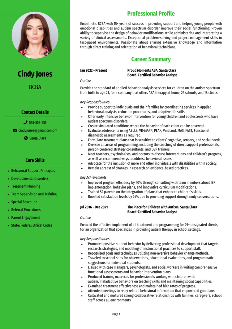 BCBA resume example (Board Certified Behavior Analyst)