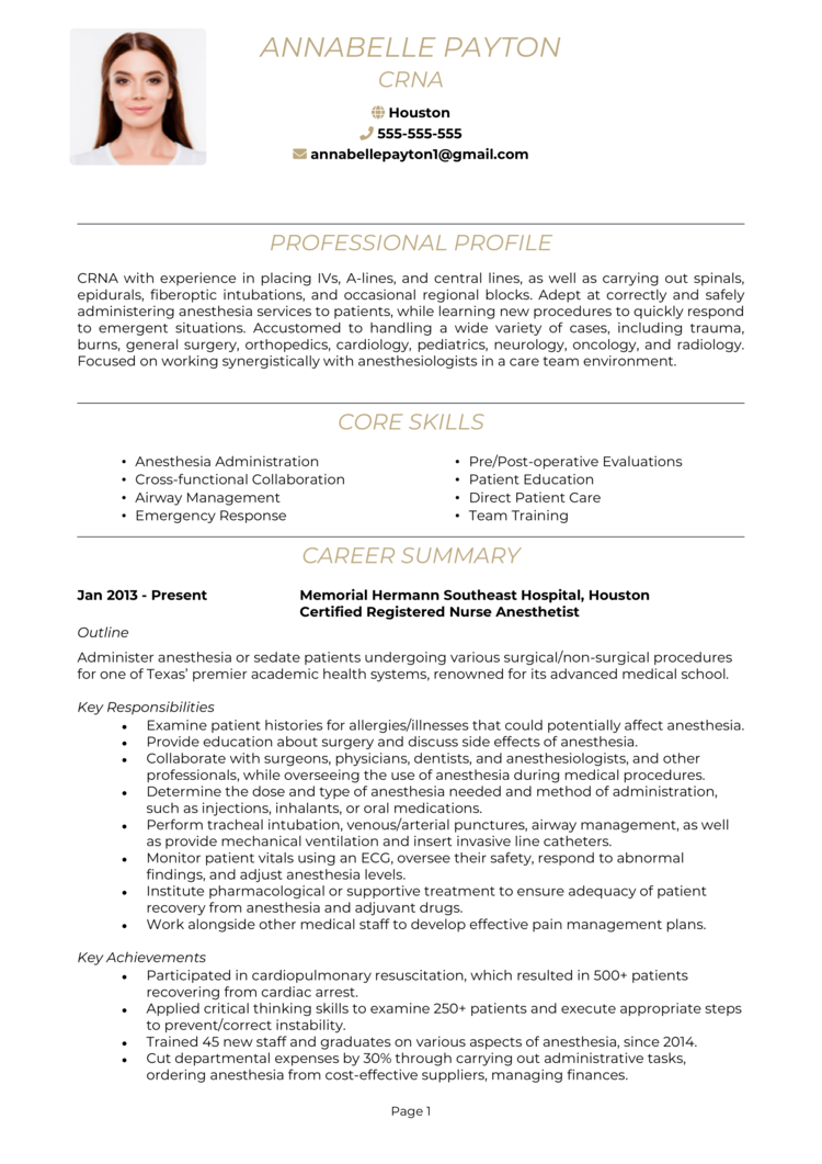 CRNA resume example   guide Secure top nursing jobs