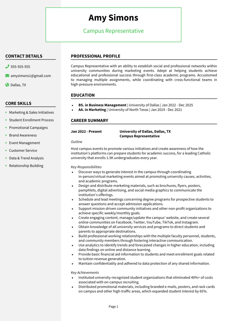 Campus Representative Resume 1