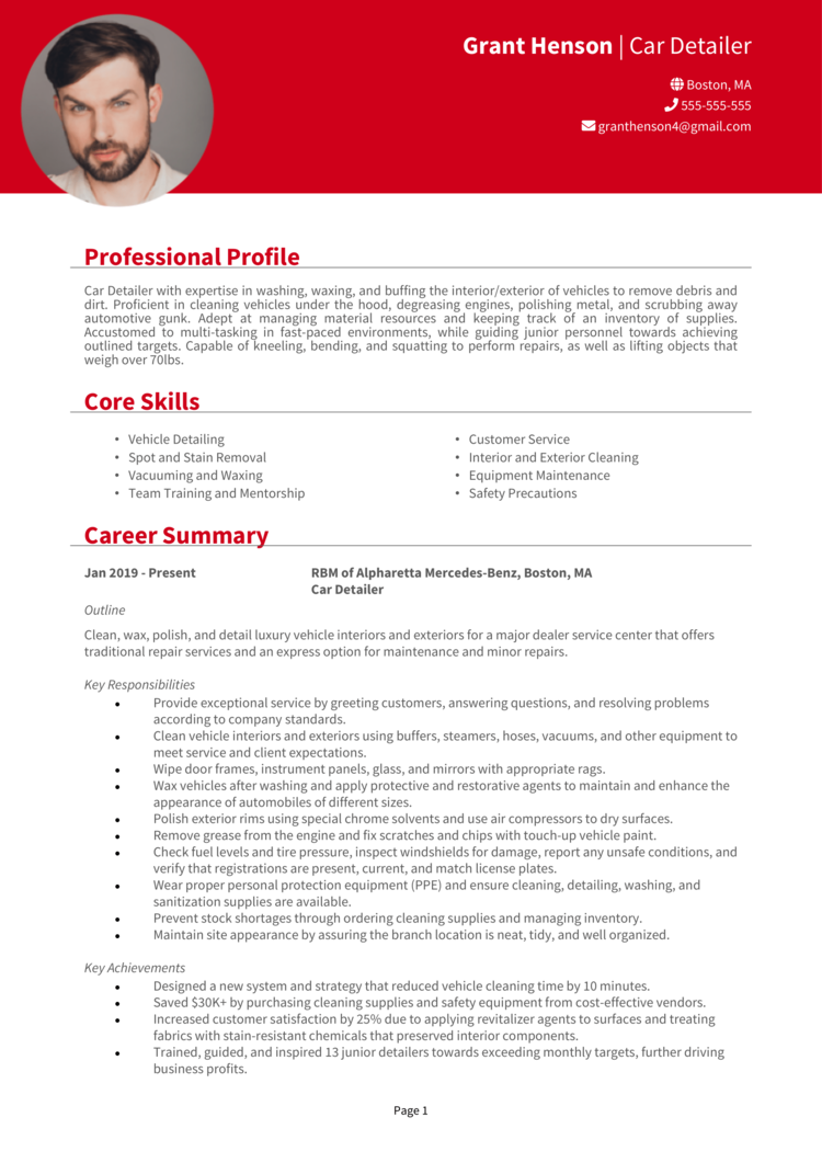 Car Detailer resume example + guide and template