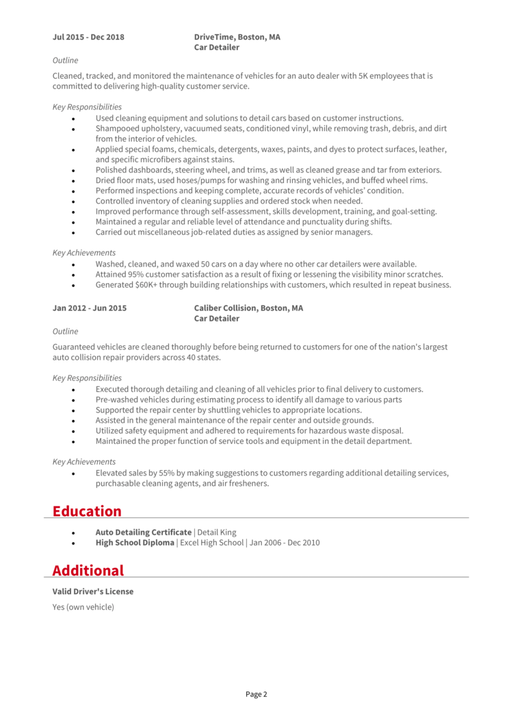 Car Detailer resume example + guide and template